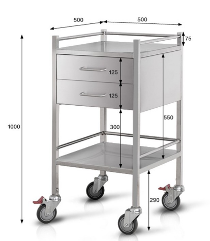 Equipment Medical Medistar Stainless Steel Trolley 2 Drawer, side view